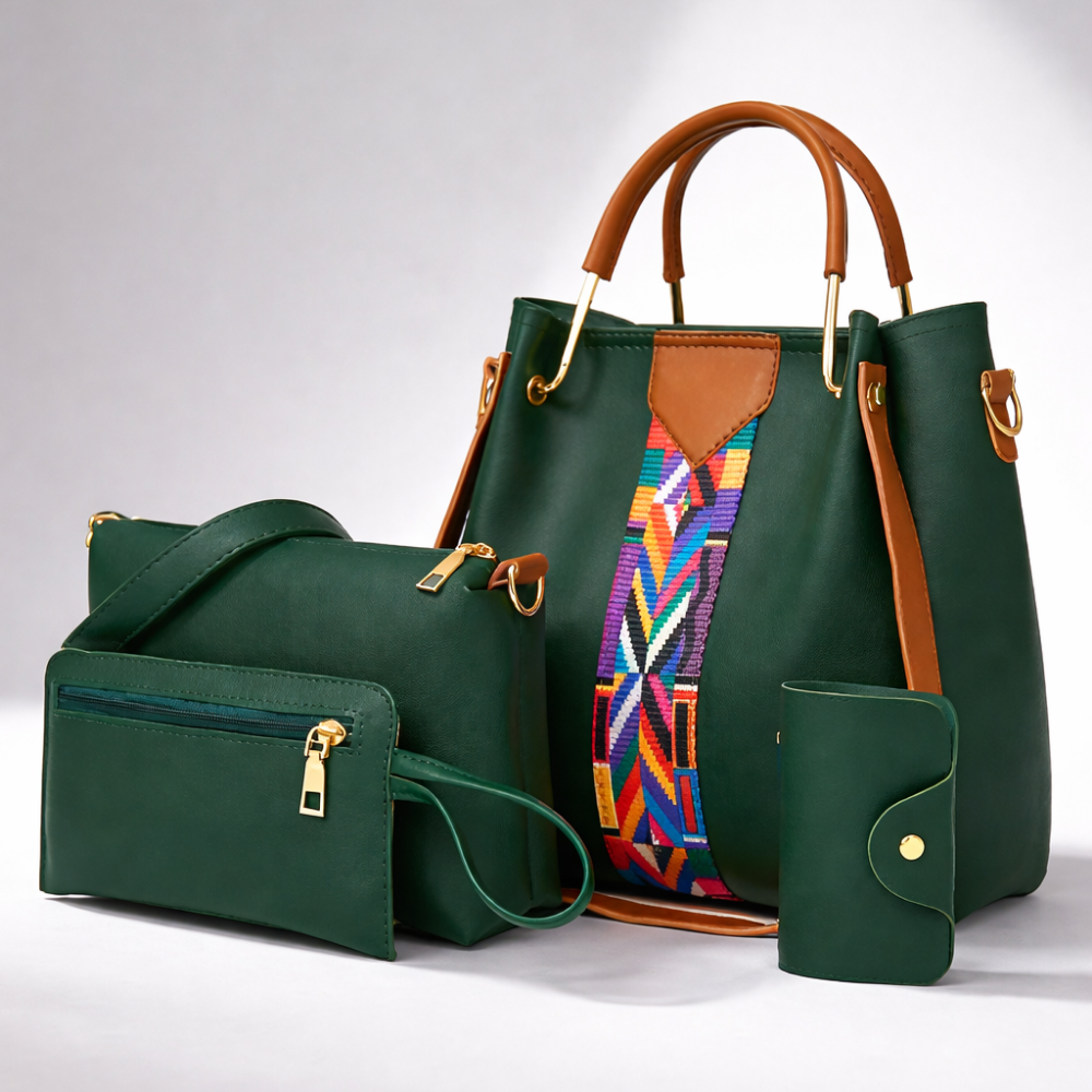Green handbag with brown handles and colorful strap on a white background