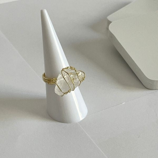 Wired natural crystal ring