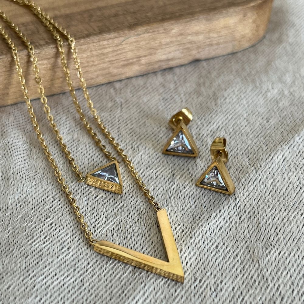 Double layered - Triangle necklace and earrings set