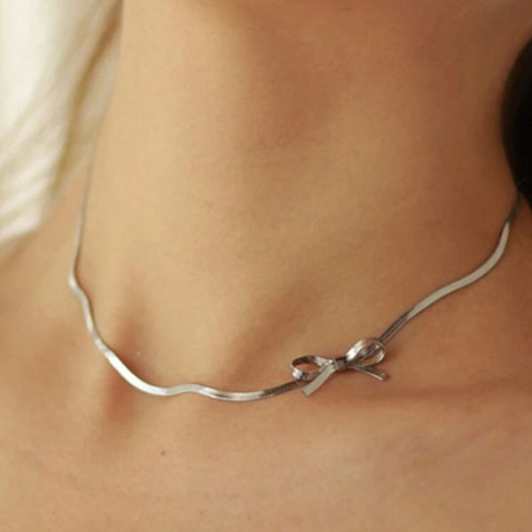 Bow-knot choker snake chain stainless steel necklace