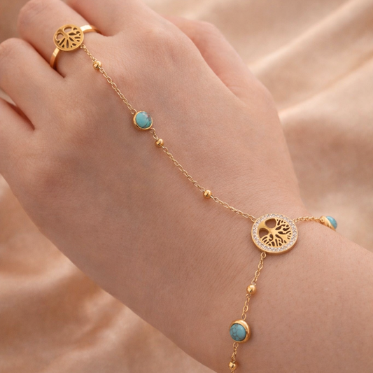 Gold bracelet with turquoise stones on a hand against a beige background