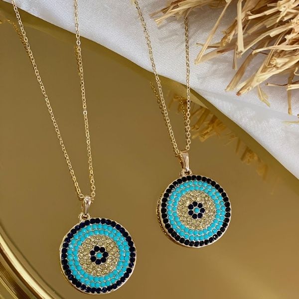 Disk shaped pendant - gold plated necklace
