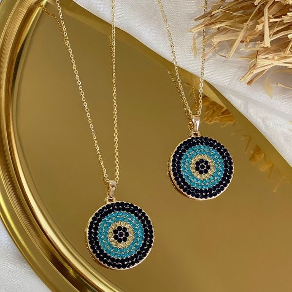 Disk shaped pendant - gold plated necklace