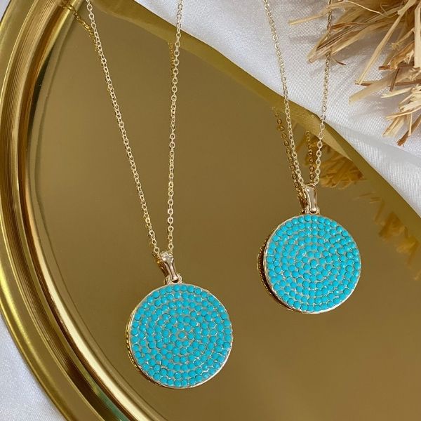 Disk shaped pendant - gold plated necklace