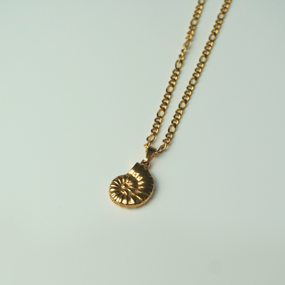 Gold necklace with a round pendant on a light gray background