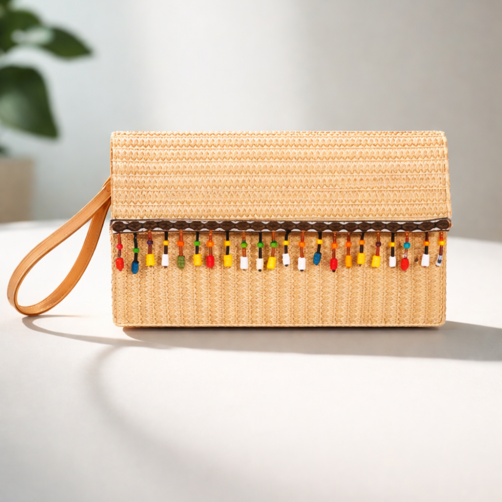Beige woven clutch with colorful beads on a white surface