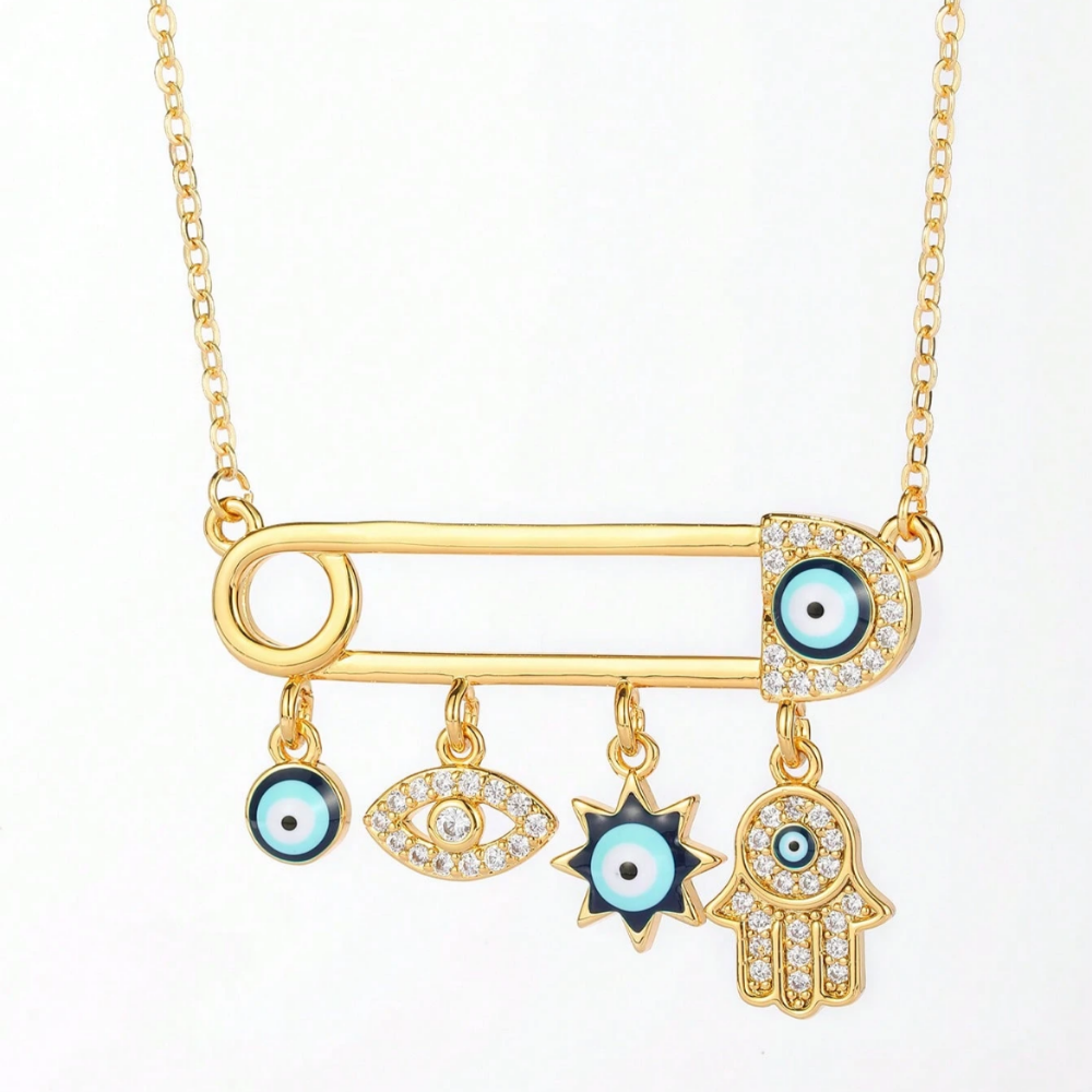 Safety pin necklace - evil eye and rhinestones