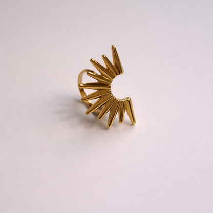 Gold sunburst ring on a light pink background
