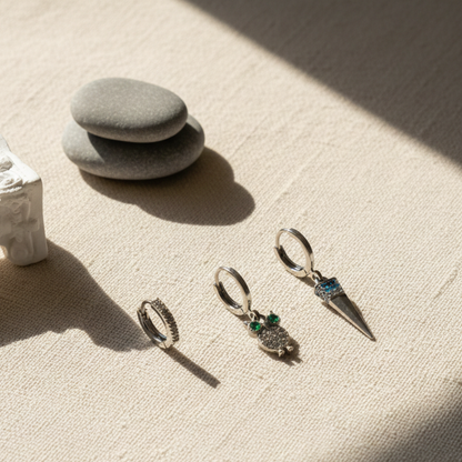 Owl and charms - 3 earrings set