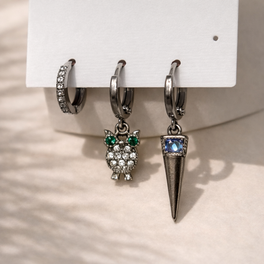 Owl and charms - 3 earrings set