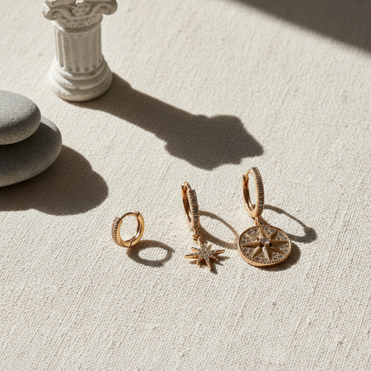 Gold hoop earrings on a textured surface with soft shadows