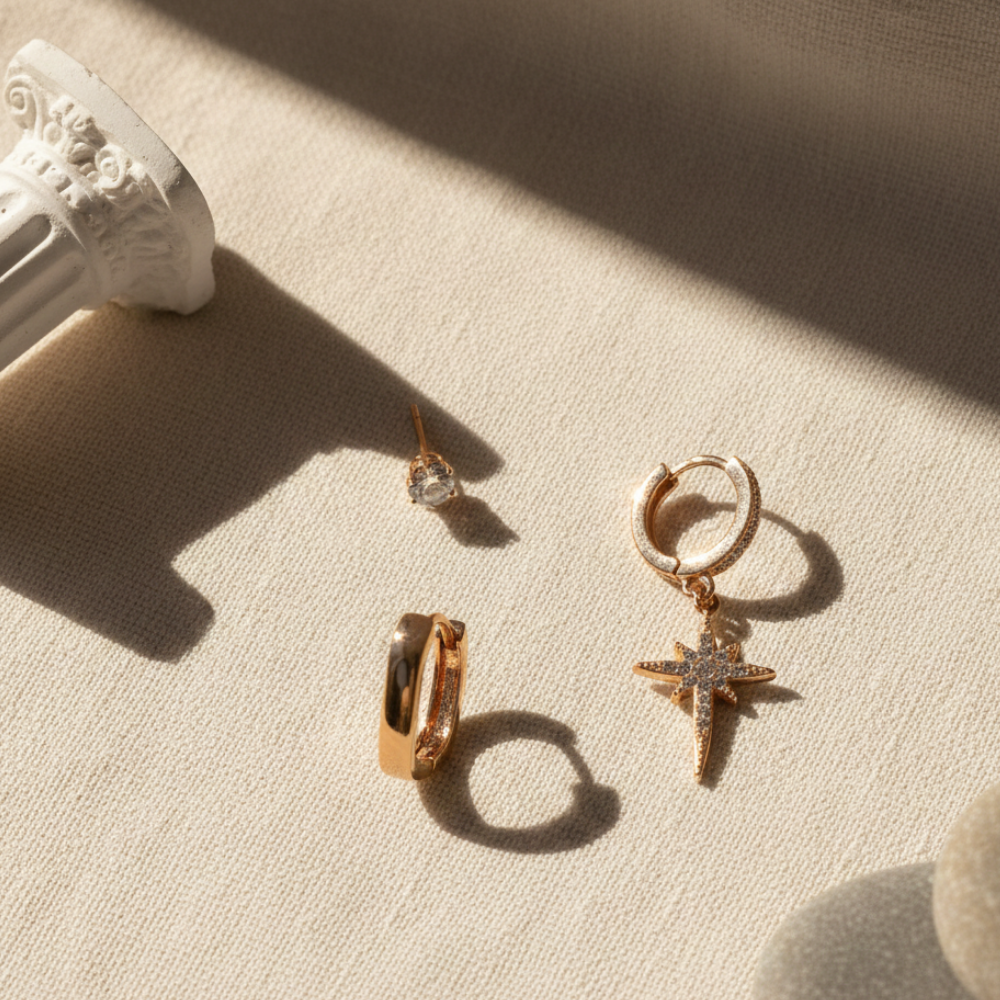 Gold hoop earrings with star-shaped charms on a beige surface