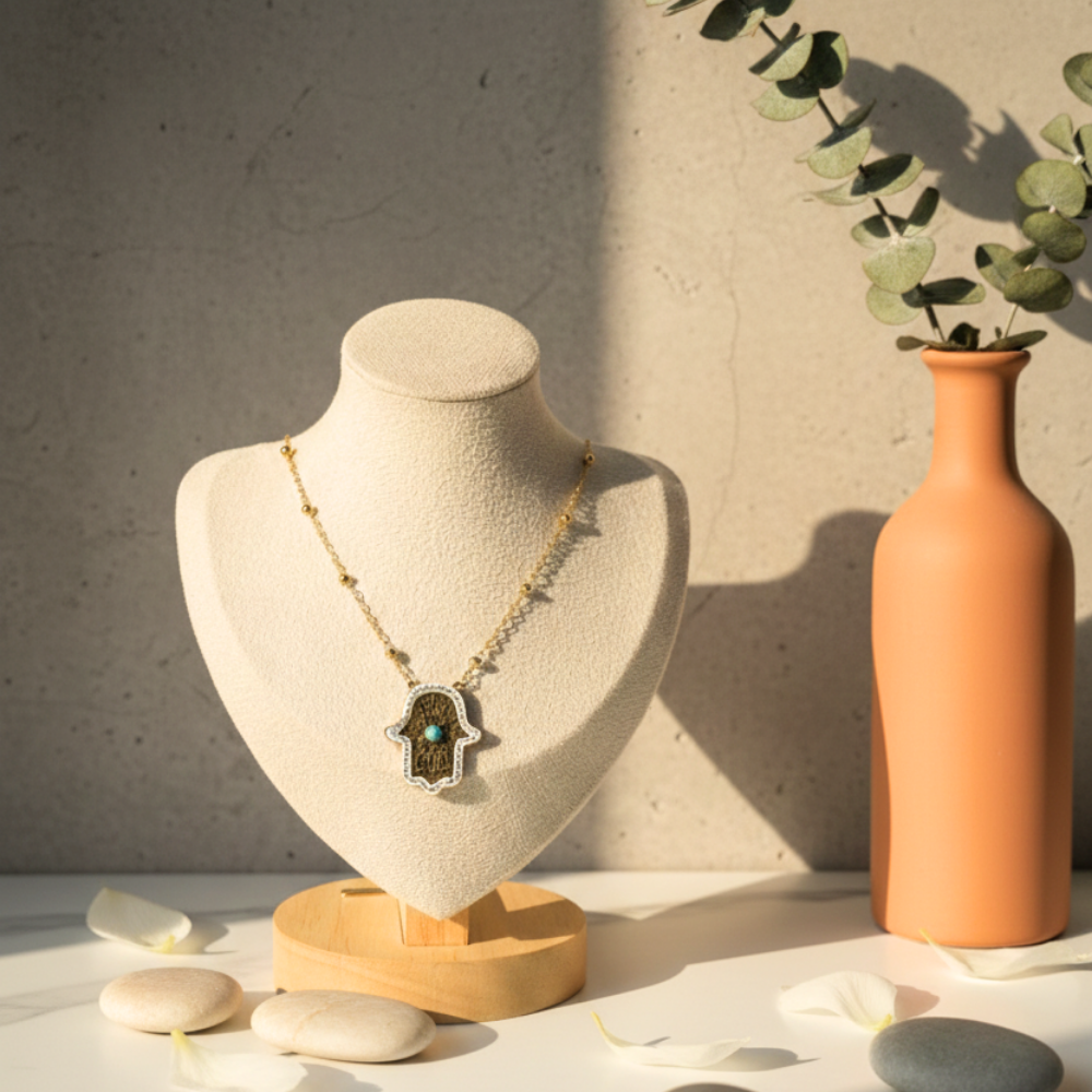 Necklace on a mannequin bust with a vase and decorative stones on a neutral background