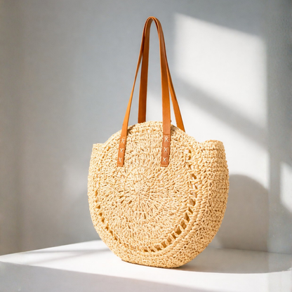 Woven beige handbag with brown straps on a light surface with a soft shadow background