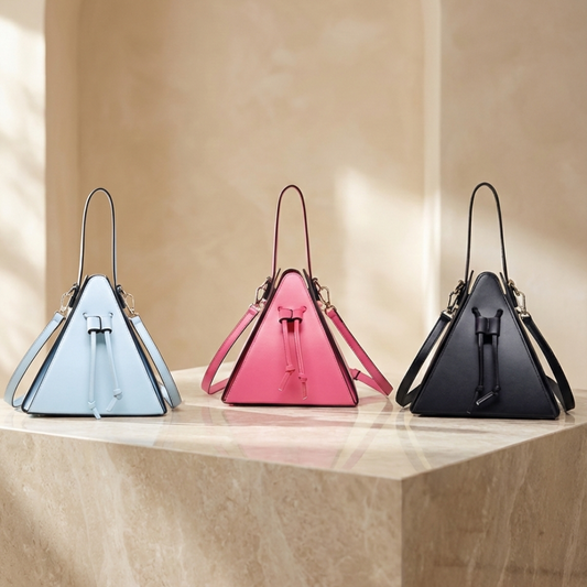 Three pyramid-shaped handbags in blue, pink, and black on a beige surface.