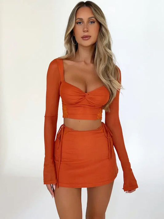 Long Sleeve Crop Top and Side Tie-Up Mini Skirt Set