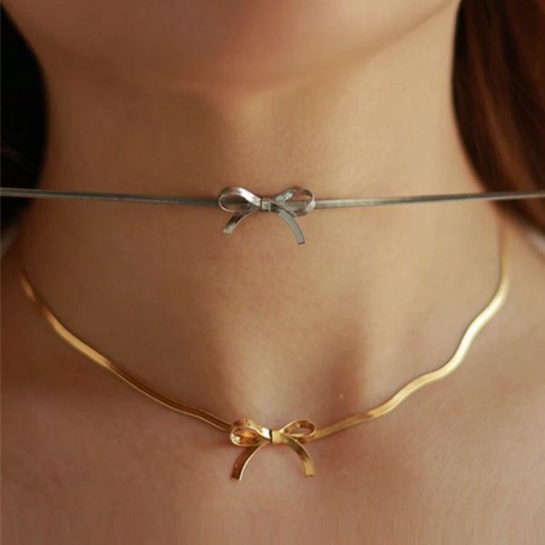 Bow-knot choker snake chain stainless steel necklace