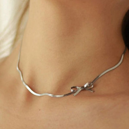 Bow-knot choker snake chain stainless steel necklace