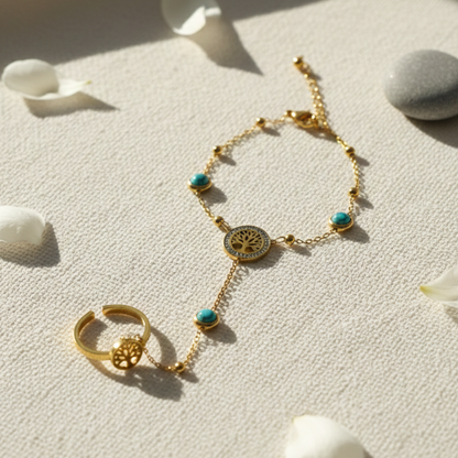 Gold bracelet and ring with turquoise stones on a textured surface with shells.