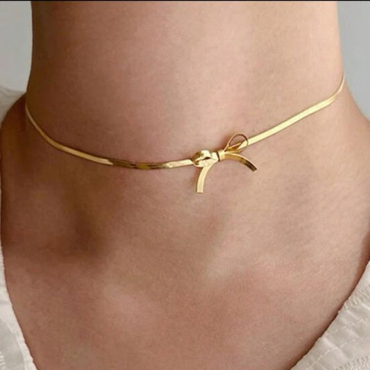 Bow-knot choker snake chain stainless steel necklace