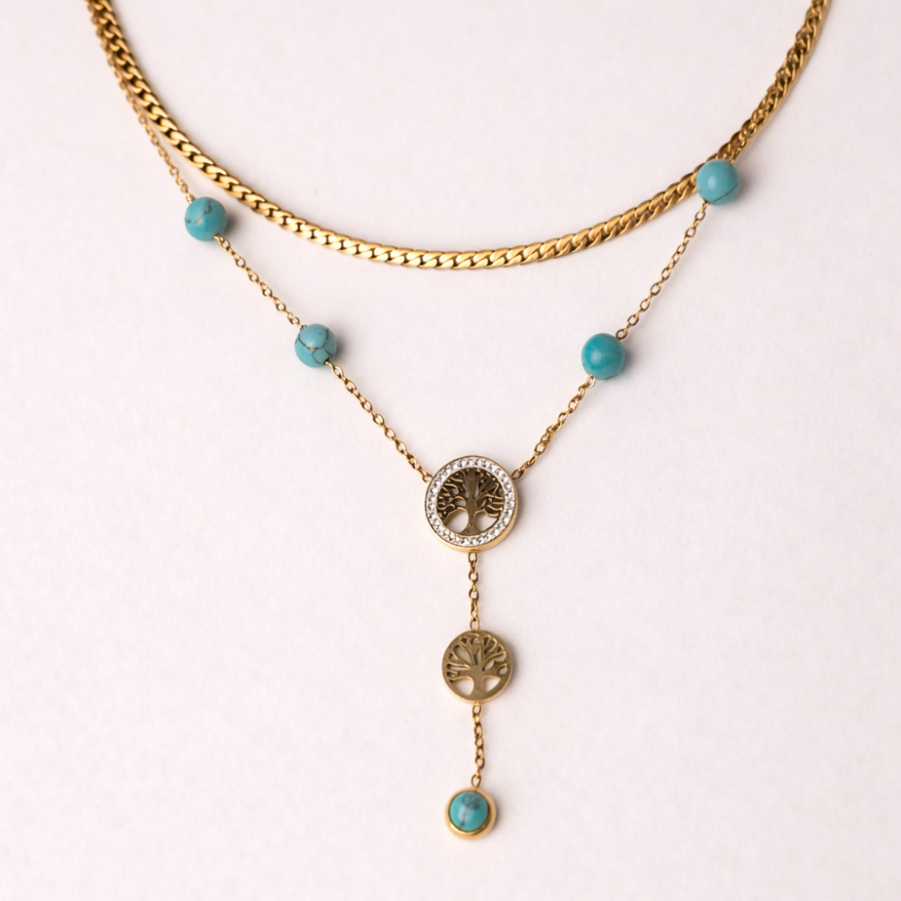 Gold necklace with turquoise beads on a white background