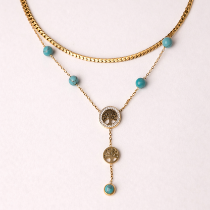 Gold necklace with turquoise beads on a white background