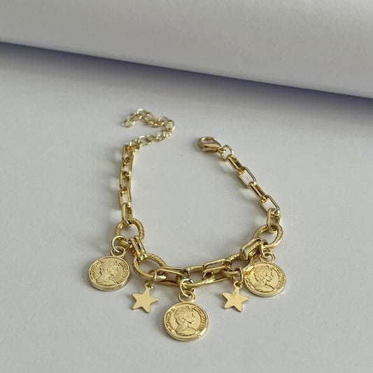 Gold plated chain and charms bracelet