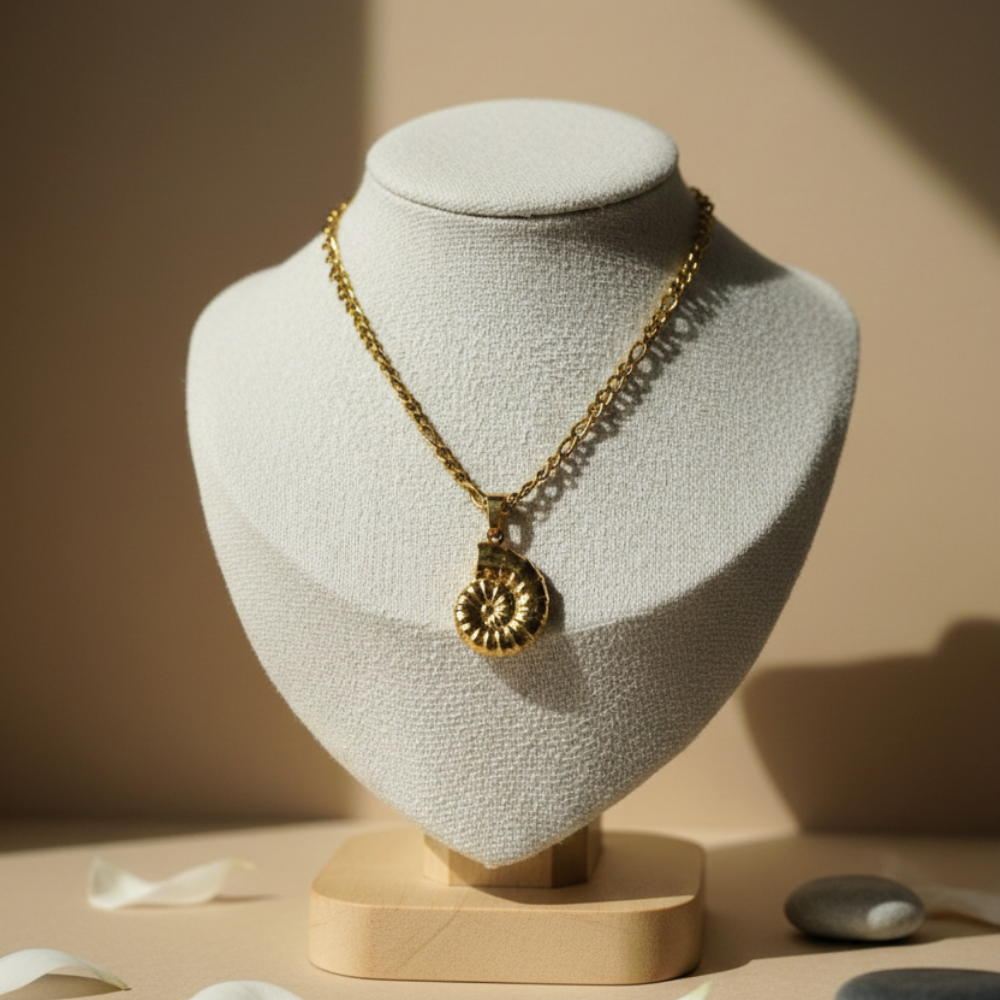 Gold necklace with a seashell pendant on a mannequin bust against a beige background