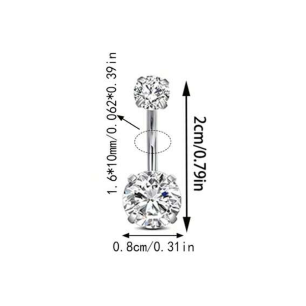 Belly button ring with clear gemstone and measurement details on a white background