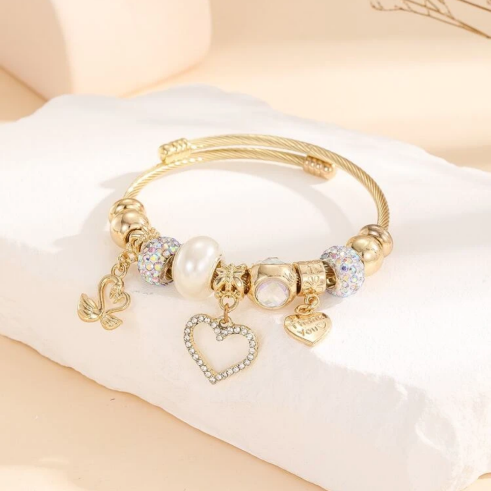 Heart charms - cuff bangle bracelet
