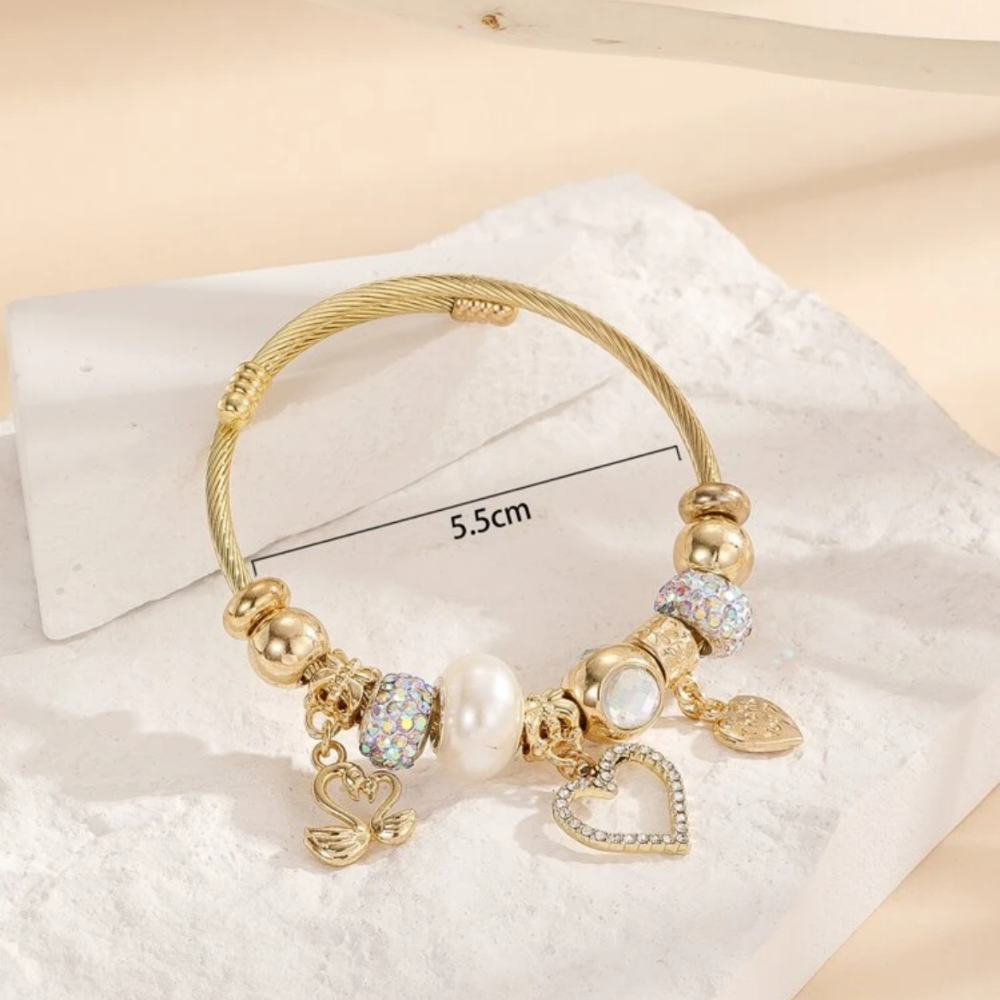 Heart charms - cuff bangle bracelet