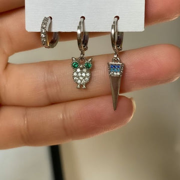 Owl and charms - 3 earrings set