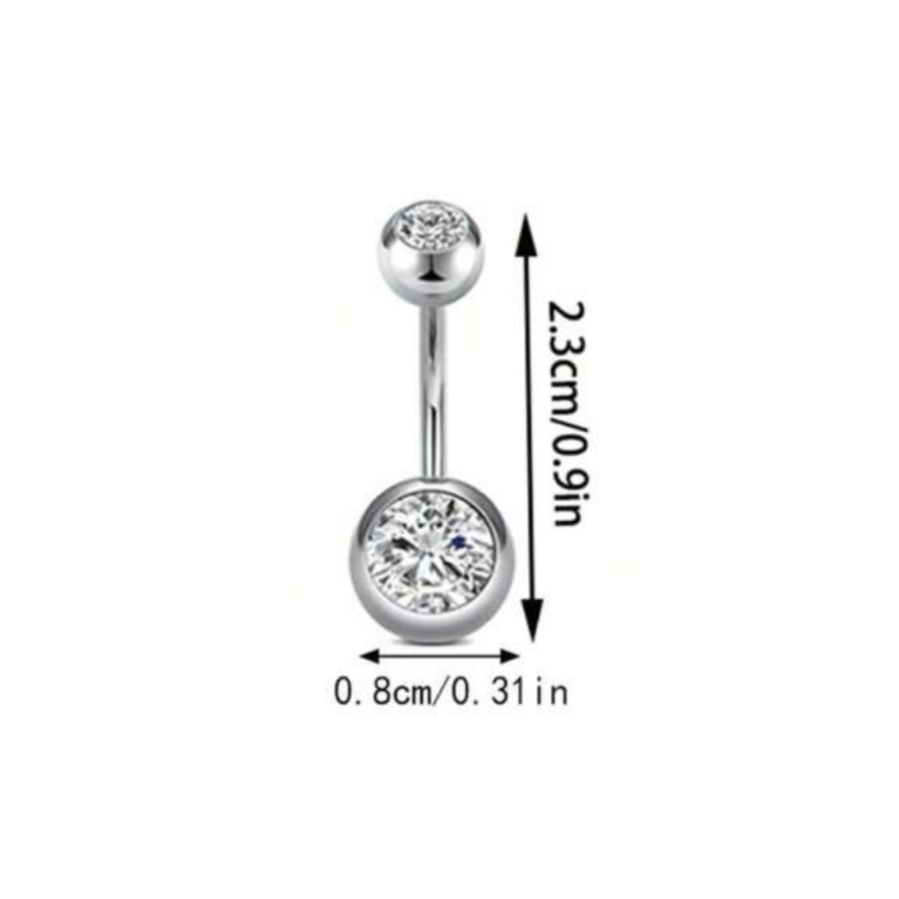 Belly button ring with clear gemstones and measurements on a white background