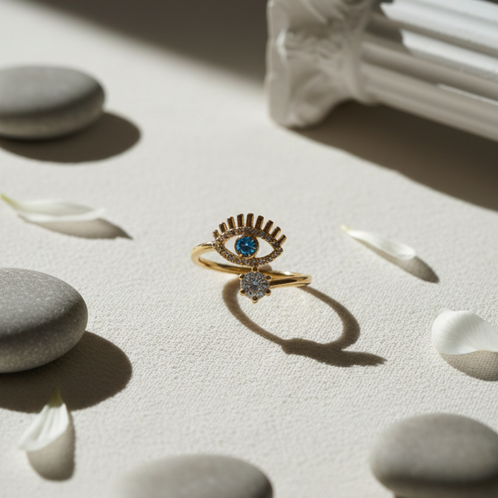 Gold ring with eye design and blue gemstone on a light surface with stones and petals.