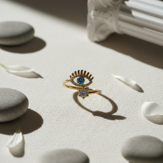 Gold ring with eye design and blue gemstone on a light surface with stones and petals.