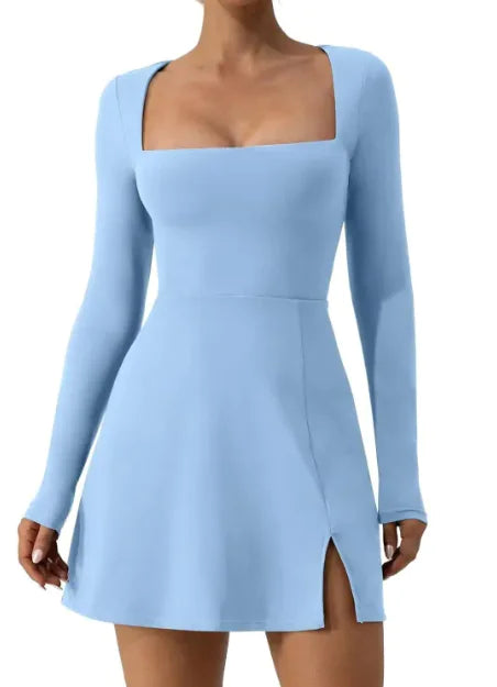 Square Collar Corset Long Sleeve Slit Flared dress