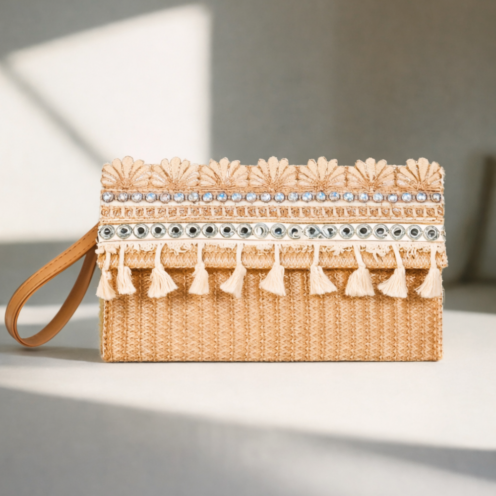 Woven clutch with decorative tassels and beads on a neutral background