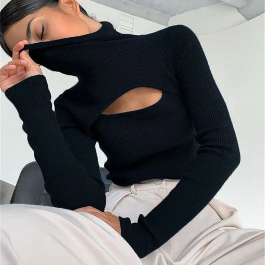 Black T Shirts Knitted Long Sleeve Crop Top