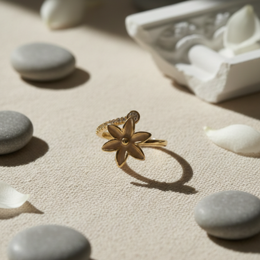 Gold flower-shaped ring on a textured surface with stones and a white container.