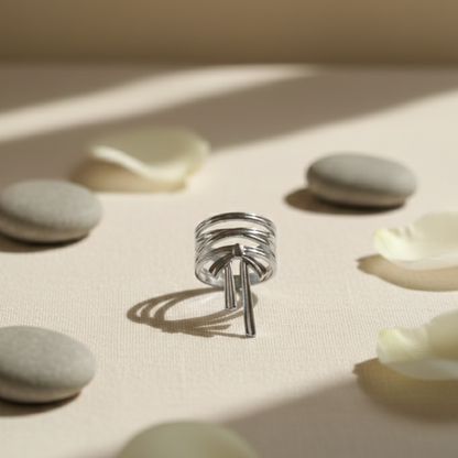 Silver ring with a unique design on a beige surface with light and shadow effects