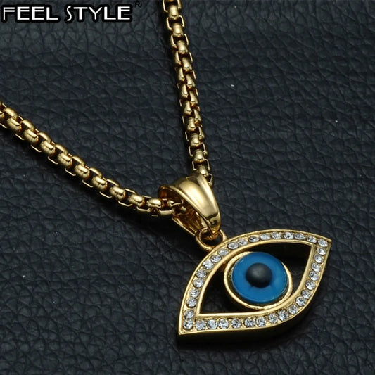 Evil Eye Pendant Necklace with Natural Stone - Stainless Steel Bling