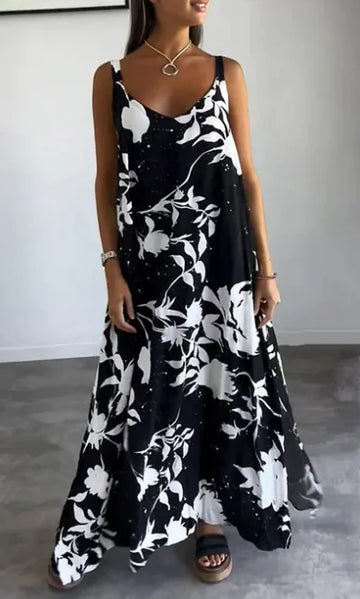 Printed Sling Backless V-neck Dress