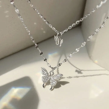 Butterfly Necklace, double Layered - 925 Sterling Silver CZ