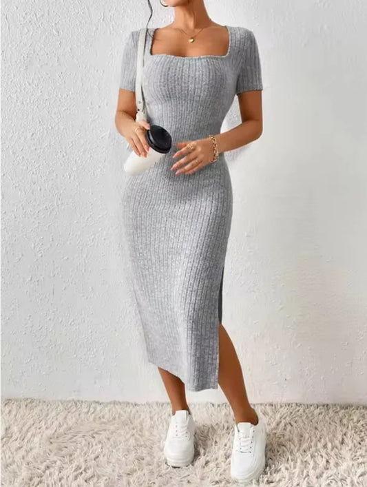 Knit Midi Dress with Square Neck and Slit