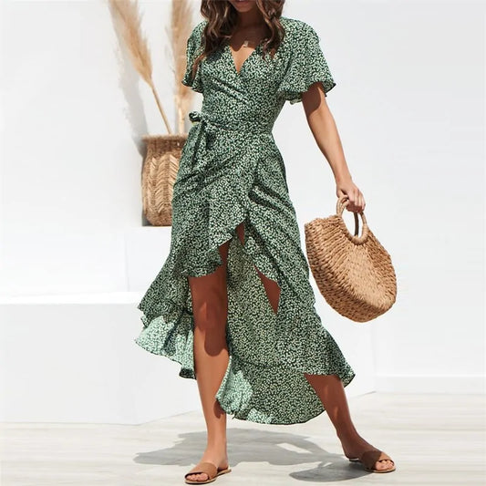 Floral Print Boho Maxi Dress: Summer Beach Women's Casual V-Neck Split