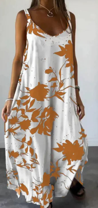 Printed Sling Backless V-neck Dress