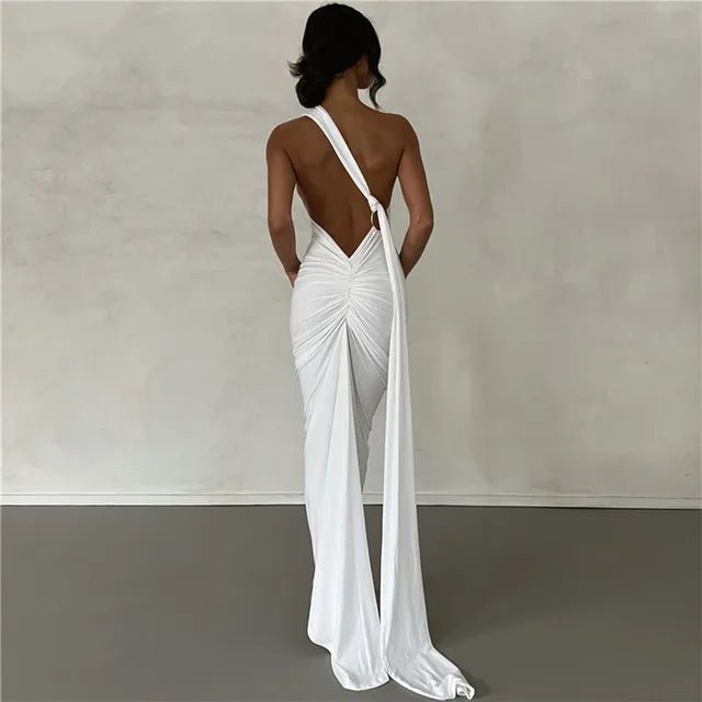 Backless Maxi Dress Oblique Shoulder Sleeveless - Elegantix Boutique