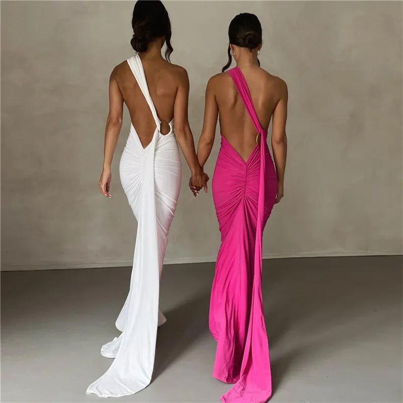 Backless Maxi Dress Oblique Shoulder Sleeveless - Elegantix Boutique