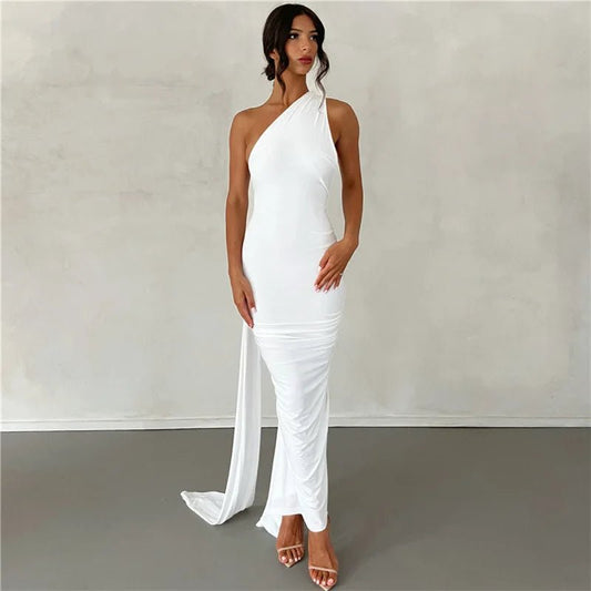 Backless Maxi Dress Oblique Shoulder Sleeveless - Elegantix Boutique