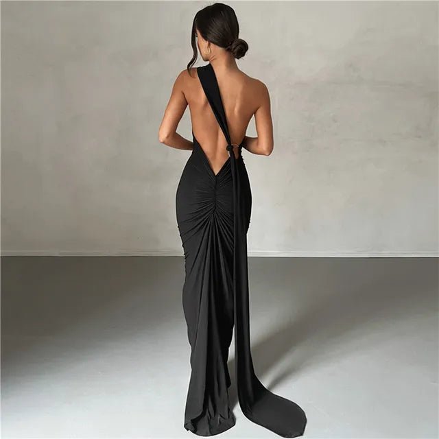 Backless Maxi Dress Oblique Shoulder Sleeveless - Elegantix Boutique